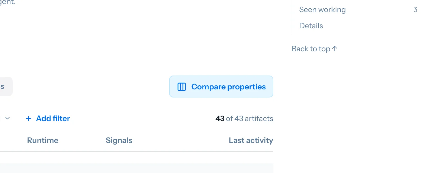 The options list on a capability page, with the Compare properties button in focus above it