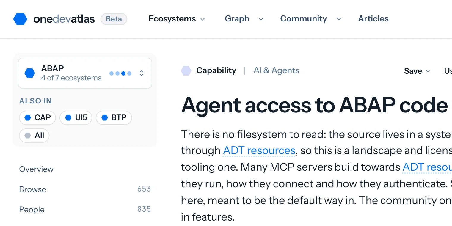The left column of a capability page, with the ecosystem switch reading ABAP and the Also in chips for CAP, UI5, BTP and All in focus